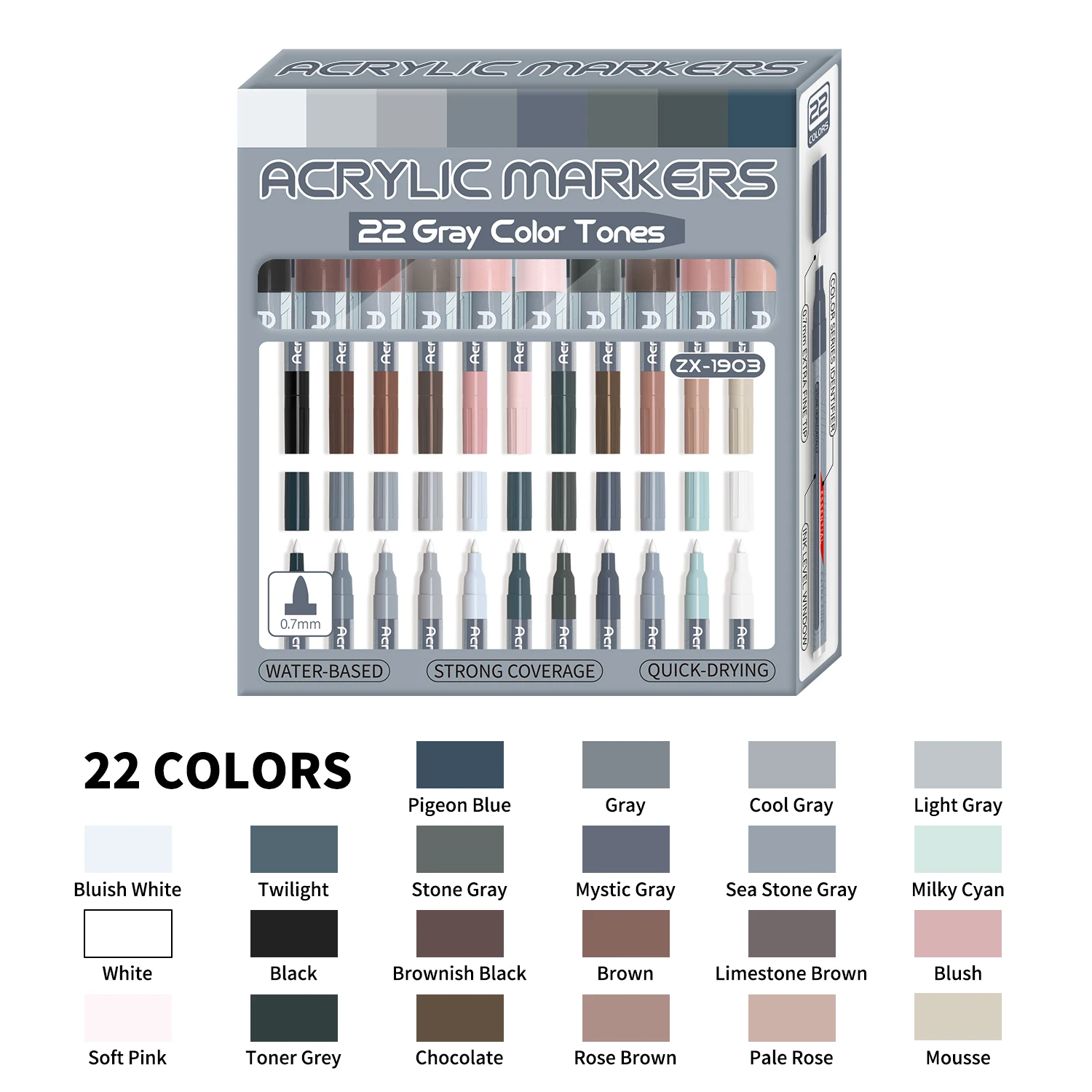 Acrylic Paint Pens - 22-Color Assorted Gray and Skin Tones Set with Extra Fine Tip