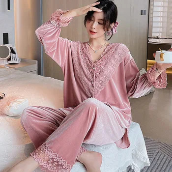Golden Velvet Pajamas Women Thin Section Long-sleeved Lace Printed Pajamas For Women's Spring And Autumn Sweet Homewear Pajamas