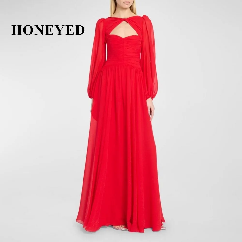 

Honeyed Summer Ankle-Length simpleO-Neck Women Dress 2023 New Red Chiffon Pleated Hollowed Out Celebrity Split Large Swing Long