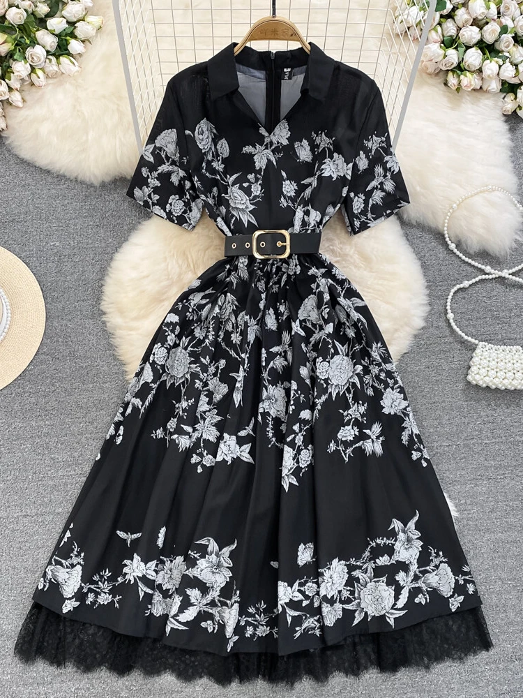 

Women Fashion Vintage Elegant Party Vacation Dress Summer Polo Neck Short Sleeve High Waist Slim Lace Panel Print Robe Vestidos