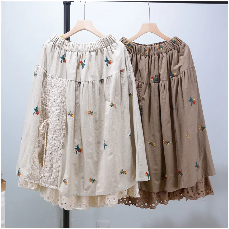 Spring Summer Japan Style Cotton Linen Skirt Elastic Waist Lace Stitching All-match Mori Girl Sweet Embroidery A-line Skirt silk skirt