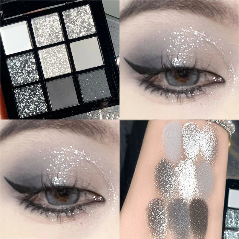 

Pearlescent Gray Black Eyeshadow Palette Sequin Glitter Matte Cool Toned Punk Smokey Eye Pigment Long Lasting Party Eyes Makeup