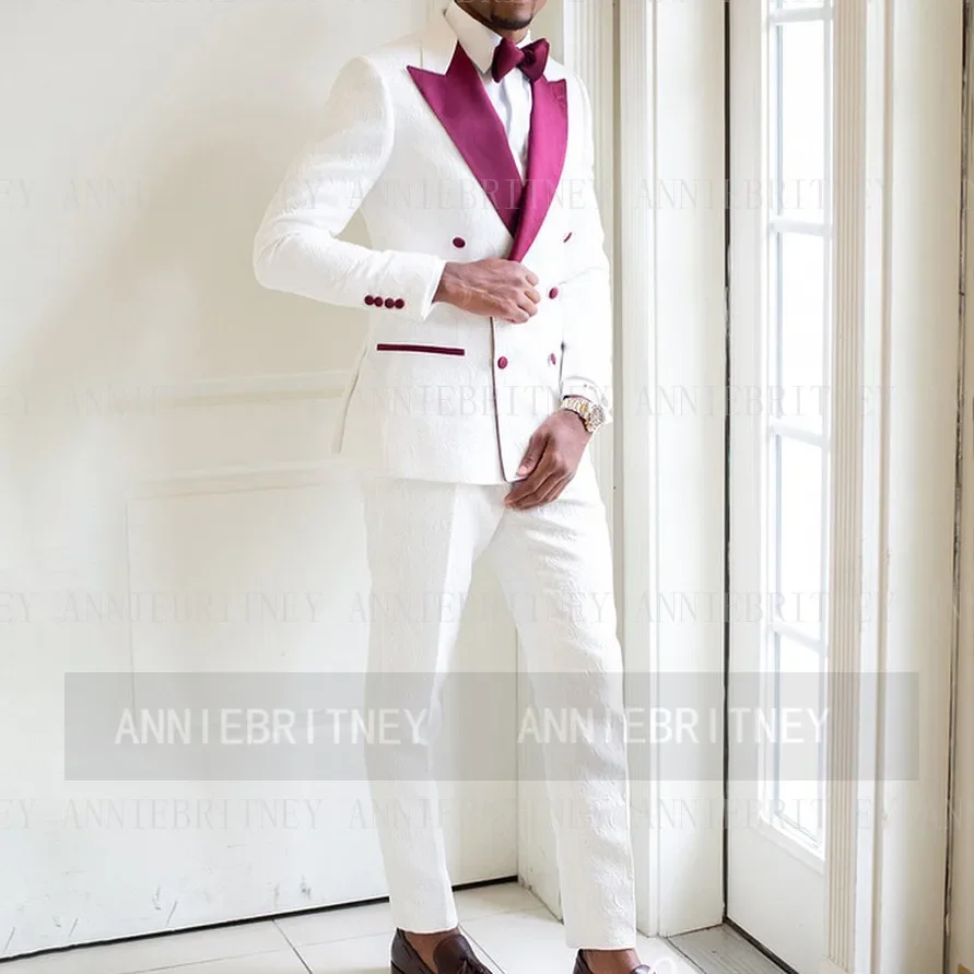 White Formal Wedding Elegant Men Suit Groom Tuxedo Prom Double Breasted Slim Fit Blazers High Quality Custom 2 Piece Set Costume