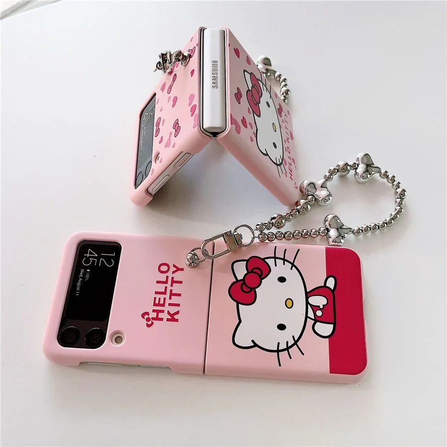 Sanrio Hello kitty with chain Phone Case For Samsung Galaxy Z Flip 3 4 5G  ZFlip3 ZFlip4 Flip3 Flip4 Anti-fall Cover
