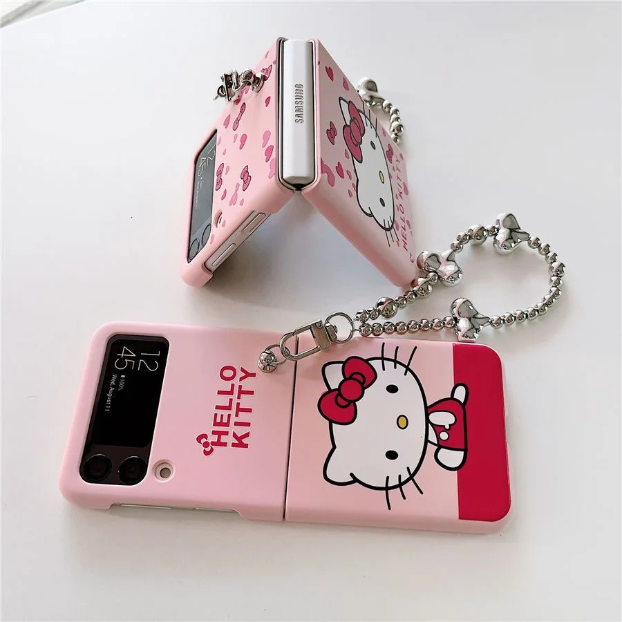 For Samsung Galaxy Z Flip 5 Flip 4 3 Cartoon Hello Kitty Chain Phone Case  Cover