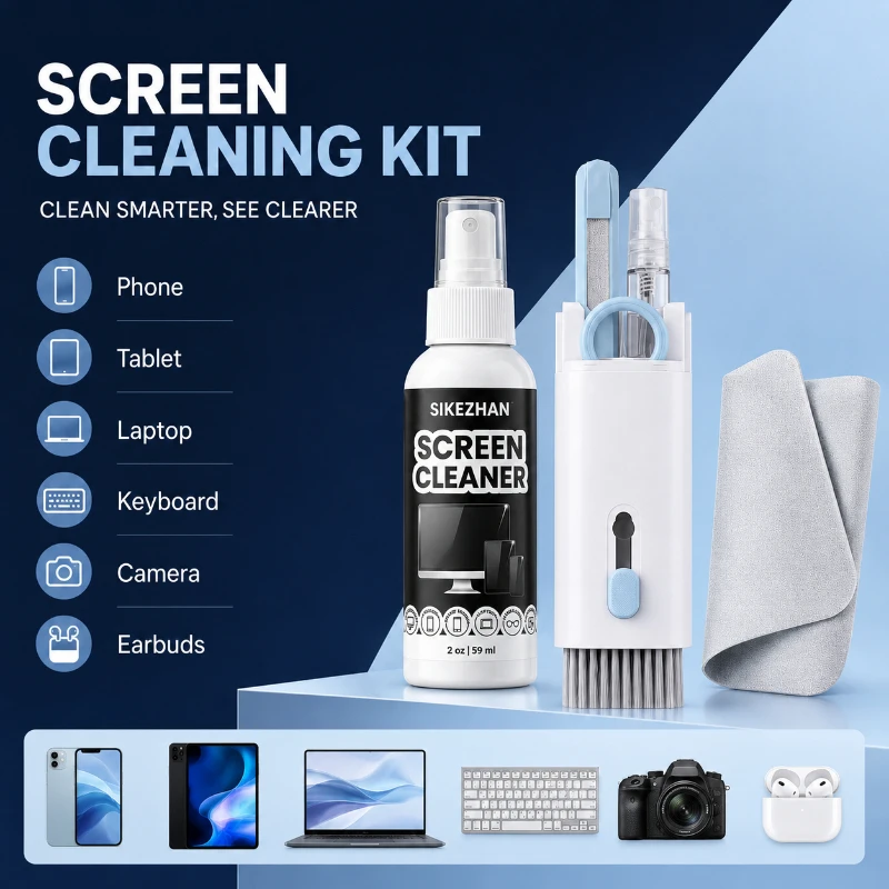 Portable 2oz Streak-Free Screen Cleaner Kit with Brush and Cloth