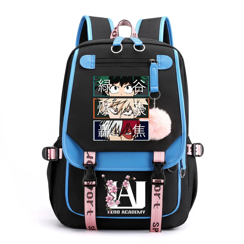 USB Charging Backpack My Hero Academia Shoto Todoroki Bakugou Deku Anime Backpacks for School Teenager Girls Fluffy Ball Bookbag