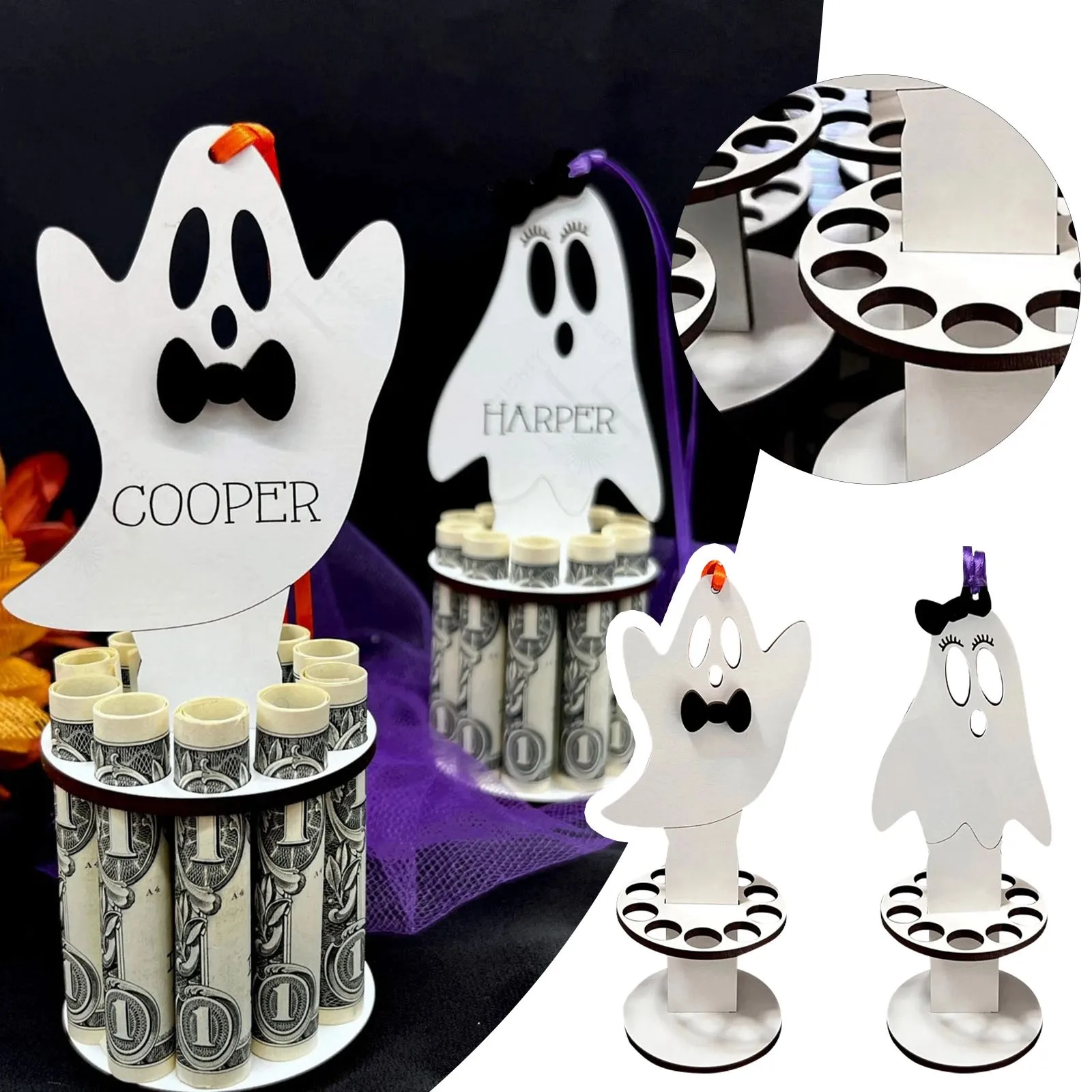 

Деревянный зажим для денег, милый держатель для наличных в виде призрака, украшение для стола на Хэллоуин, украшения в виде призрака для детской комнаты