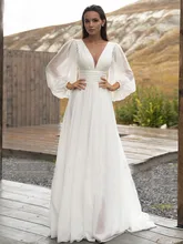  JEHETH Simple Long Puff Sleeve Chiffon Wedding Dress Bridal A Line Backless Beach Bride Gown Sweep Train robe de mariée vestidos 