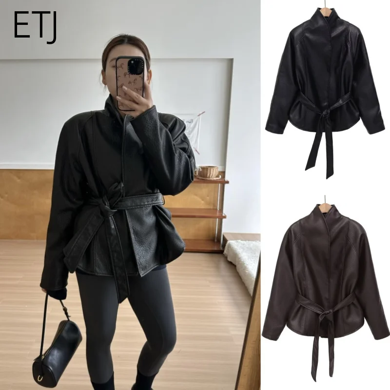 ETJ Women's PU Leather Vintage Wrap Jacket Belted High Neck Short Coat 2026 Spring Minimalist Retro Urban Fashion Outerwear