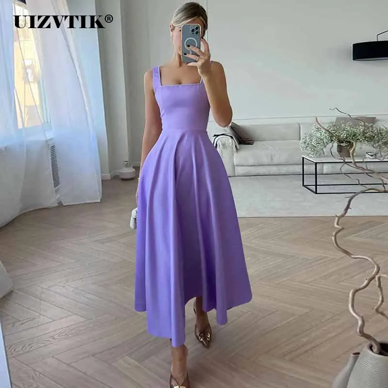 

Vintage Slim Square Neck Wide Pleated Puffy Hem Dresses for Women Summer 2023 Elegant Sexy Sleeveless Long Evening Party Vestido