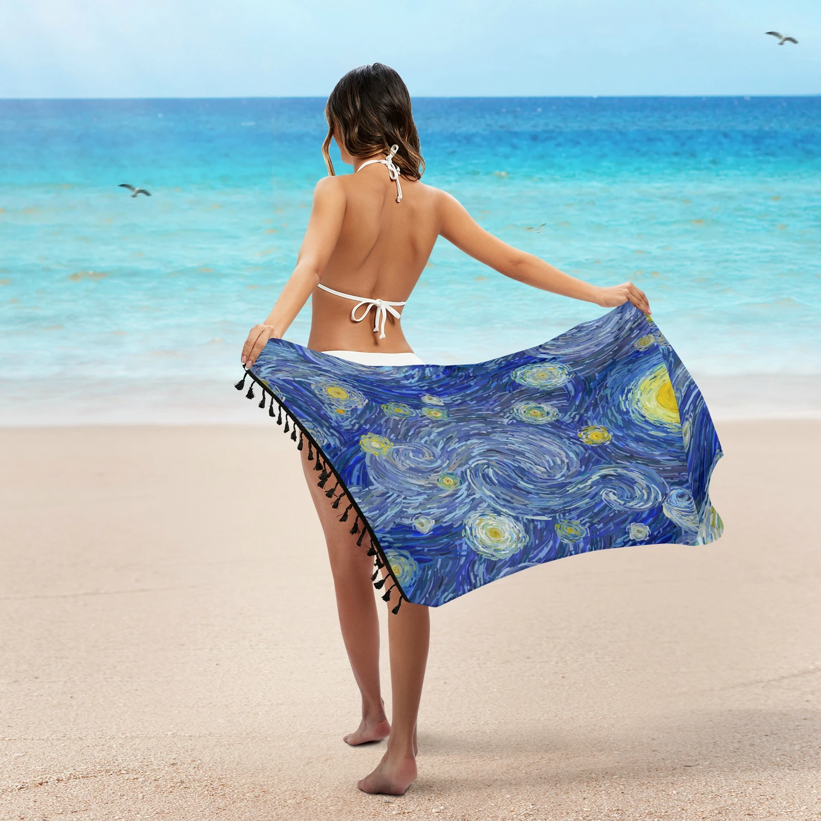 bikini cover up pants Van Gogh oil painting Twill cotton Pareo Beach Cover-Ups Women  Beach Dress Bikini Bathing Swimwear Cover Up snow Sarong Scarf swim suit coverups