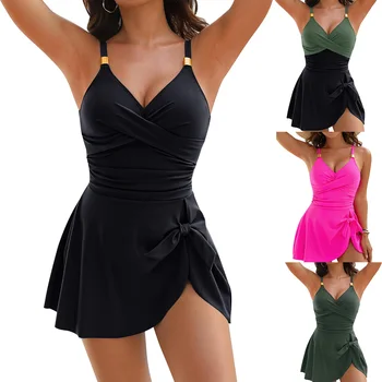 Costume da bagno Tankini estivo da donna Abito bikini senza maniche solido Costumi da bagno femminile con scollo a V Gonna a vita alta Beachwear Monokini 1