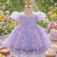 Robe de princesse rose imprimé papillon pour bébés filles, robes de fête de 1er anniversaire, vêtements Tutu de mariage pour nourrissons, nouvelle robe en dentelle 1