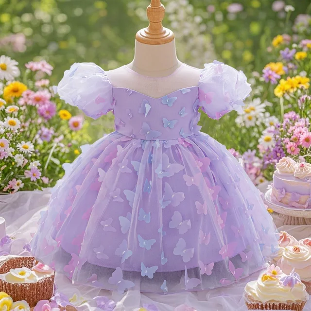 Robe de princesse rose imprimé papillon pour bébés filles, robes de fête de 1er anniversaire, vêtements Tutu de mariage pour nourrissons, nouvelle robe en dentelle 1