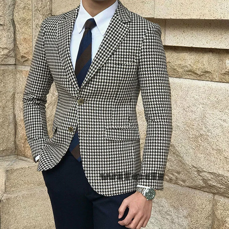 

Houndstooth Plaid Casual Blazer for Men One Piece Suit Jacket with 2 Side Slit Slim Fit Male Coat Fashion Clothes New Arrival