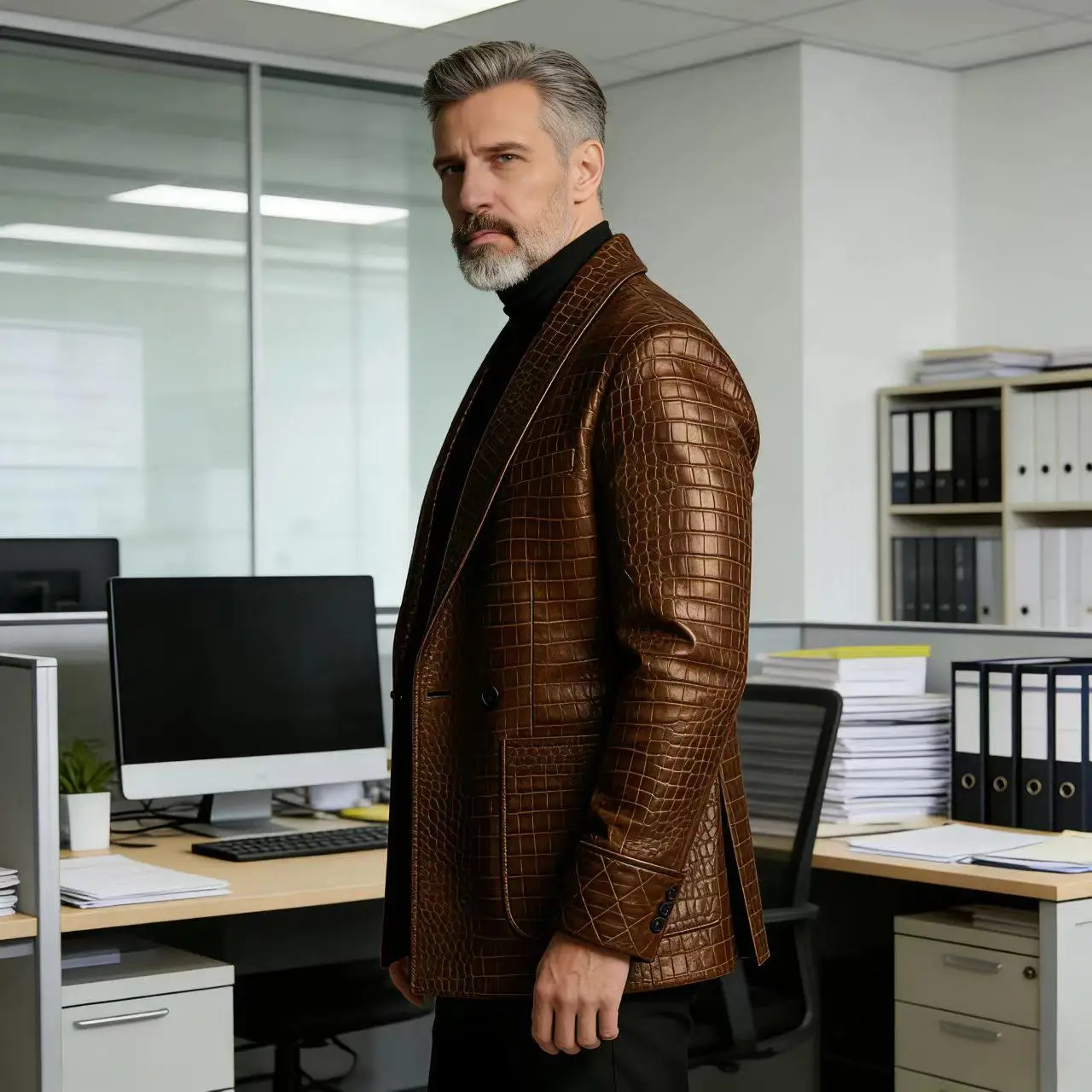 Men's Crocodile Embossed Leather Blazer Double Breasted Business Casual Brown Jacket Office Wear Formal Plus Size Suit Coat