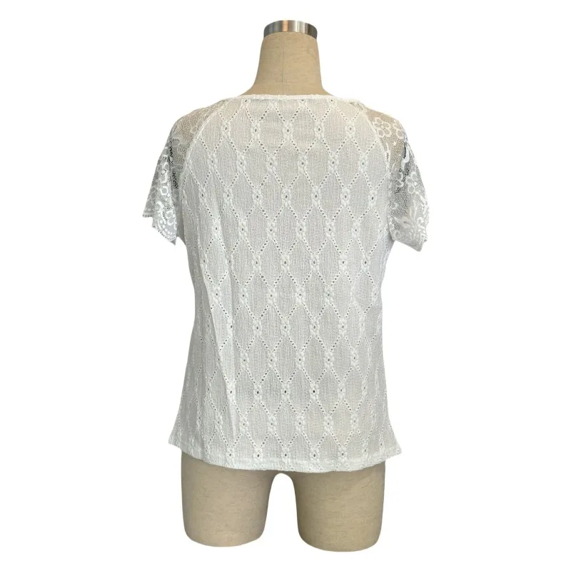 Women White Lace V Neck Short Sleeve Blouse