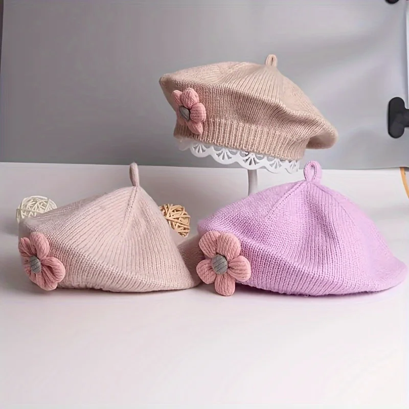 Flower Baby Beret Hat Winter Warm Knitted Beanie Cap for Infant Girls Korean Toddler Princess Artist Solid Color Painter Caps Baby & Maternity