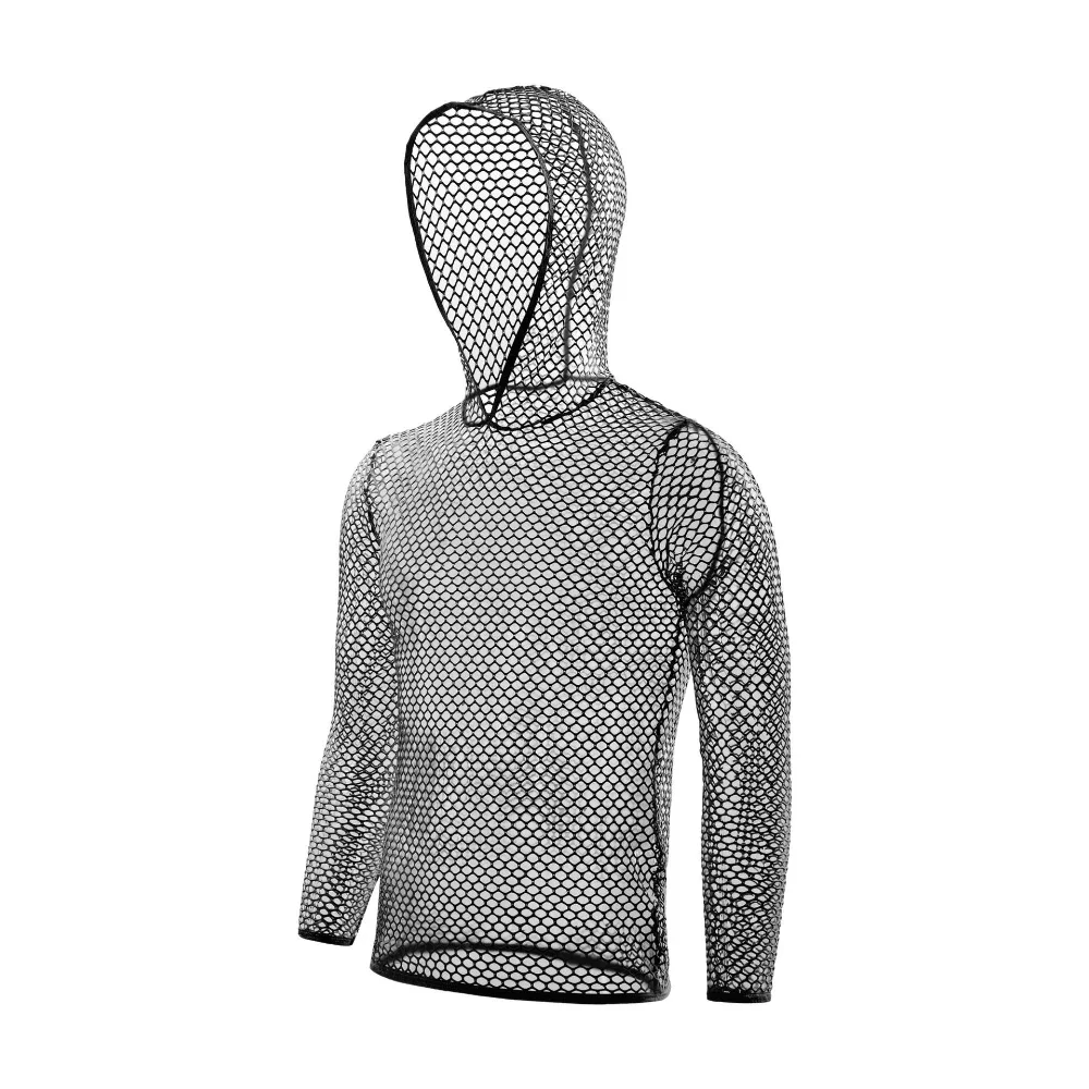 Sexy Men Undershirts Transparent Underwear Briefs Hooded Tops Thong Net Clothes Set Breathable Long Sleeve Muscle Man Mesh 2pcs