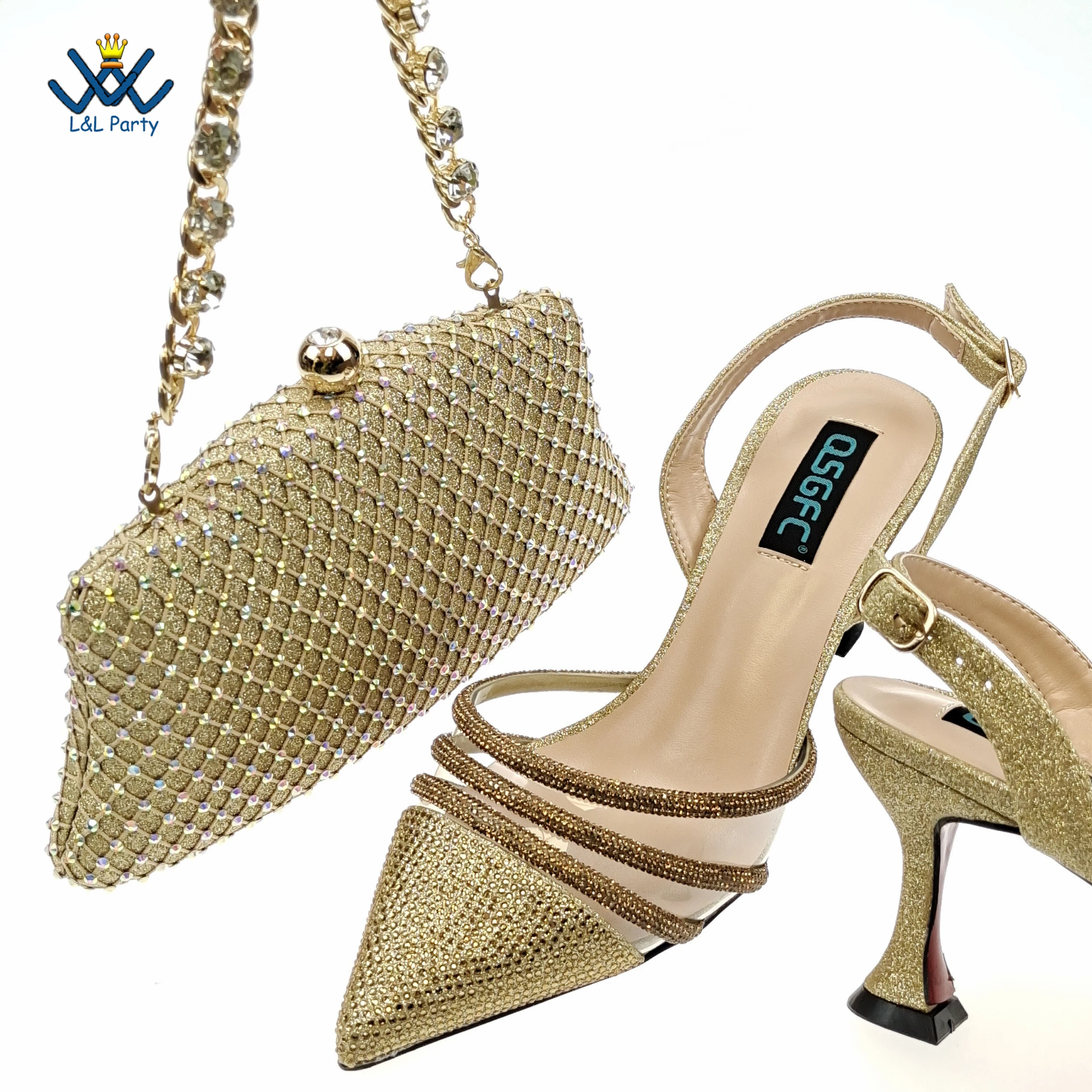 

Gold Color New Fashionable High Quality Square Heel Shoes Matching Bag Set Decorated with Shinning Crystal For Ladies Party