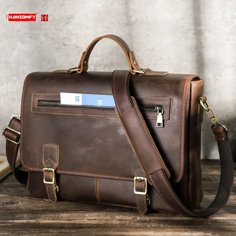 

Кожаные мужские сумки Crazy Horse в стиле ретро, сумка-мессенджер через плечо, деловой портфель для ноутбука 14,2 дюйма, новинка 2023