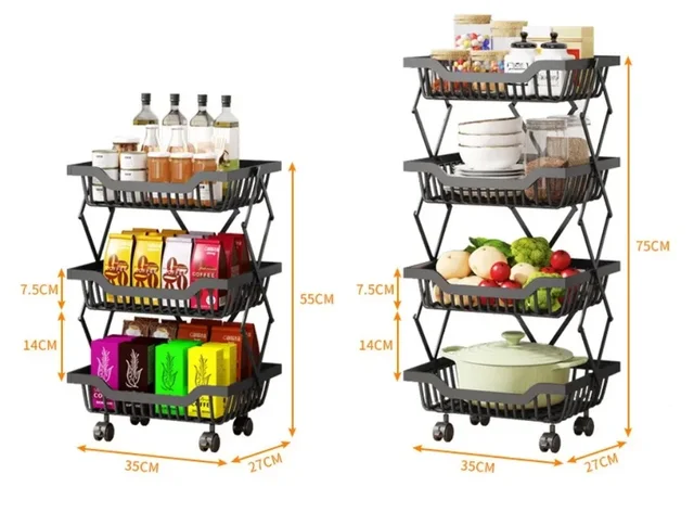Cesto Porta Frutta E Verdura A 4 Ripiani Con Ruote - Carrello Impilabile In Metallo Per Cucina, Dispensa E Bagno - 4