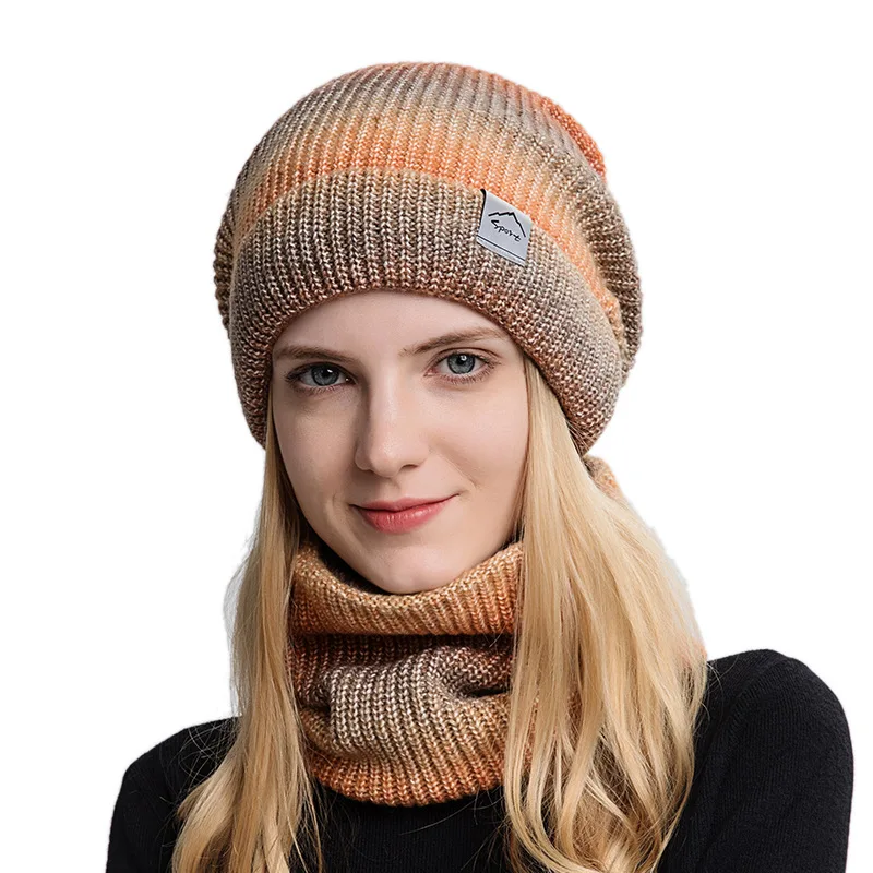 

Fashion New Hat Autumn and Winter Gradual Color Wool Hat Thickened Warm Ear Protection Cold-Proof Knitted Hat Two-Piece Set