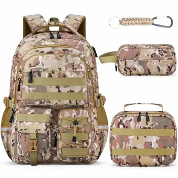 School Backpack for Boys - 4pcs Camo Boys Backpack with Lunch Box Set for Teens Elementary Middle High School - 18" Camouflag S 1
