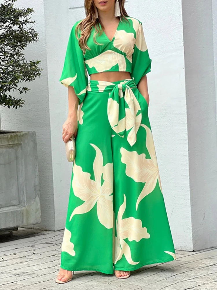 

2023 Summer New 2 Piece Sets Women Outfit Printed V Neck Lantern Sleeves Tops Wide Leg Pants Suit Chic Elegant Women's Pant Sets