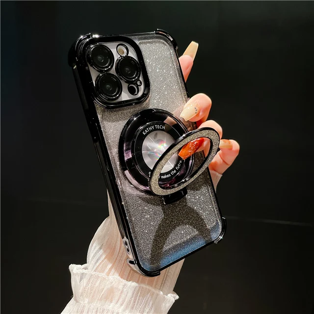 Luxury Plating Magsafe Magnetic Flash Holder Stand Phone Case For iPhone 11 12 13 14 15 Pro Max Bumper Protector On 15Plus Cover