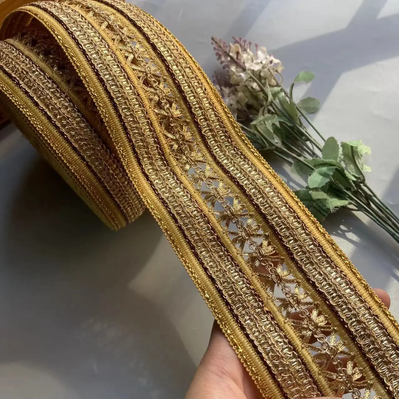 Yellow Rice Lace Trim Ribbon Ethnic Clothing Gold Thread Embroidery Sequin Fabric Jacquard Webbing Garment Accessories 1 Yard