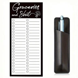 Magnetic Grocery List Notepad with Pen Holder and Leather Marker Pouch (Double Stripes)
