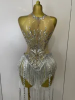 STOCK Sliver Sequins Shining Diamonds Sexy Mesh Long Tassel Bodysuit Women Nightclub Party Birthday Stage Performance Costume - Image 3