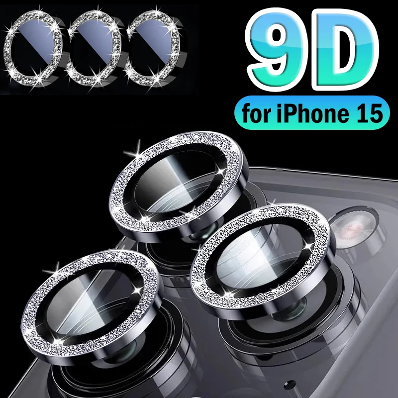 Per Iphone 15 Pro Max Glitter Diamond Metal Camera Lens Protector Ring Con Vetro Temperato Per Iphone 15 Pro/15 Plus Lens Cap