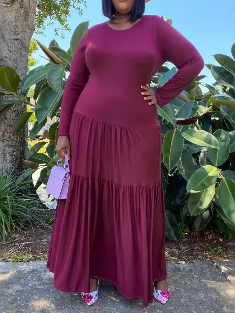 Wmstar Dress Women Wholesale The Fashionable Selling Comfortable Large Sized Round Neck Solid Color Pleated Design Dresses