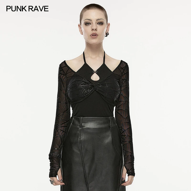 

PUNK RAVE Women's Chinese Style Halterneck Large Round Neckline Long Sleeve T-shirt Punk Finger Hole At Cuffs Two-piece Set Tops