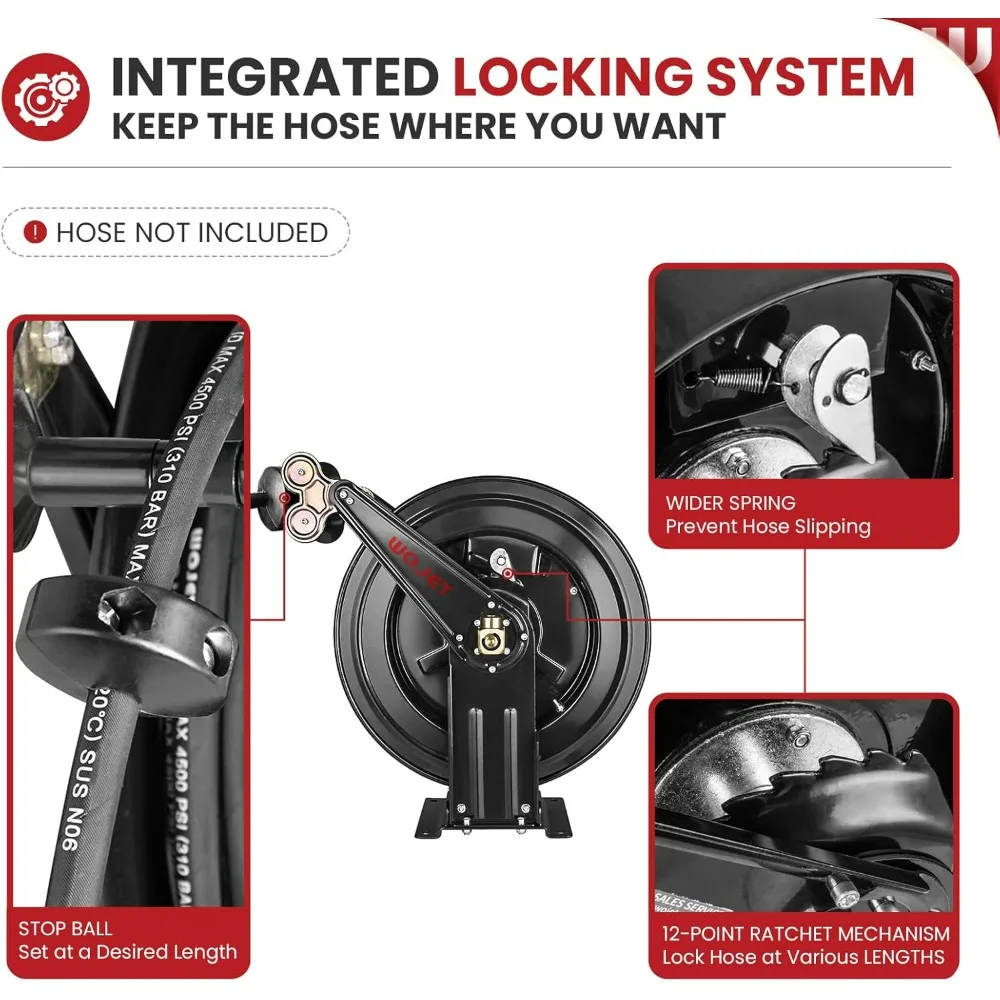 50-Foot Retractable Hose Reel for Pressure Washers, 3/8-Inch Diameter, Suitable for Water, Air, and Oil, Heavy-Duty Steel Constr