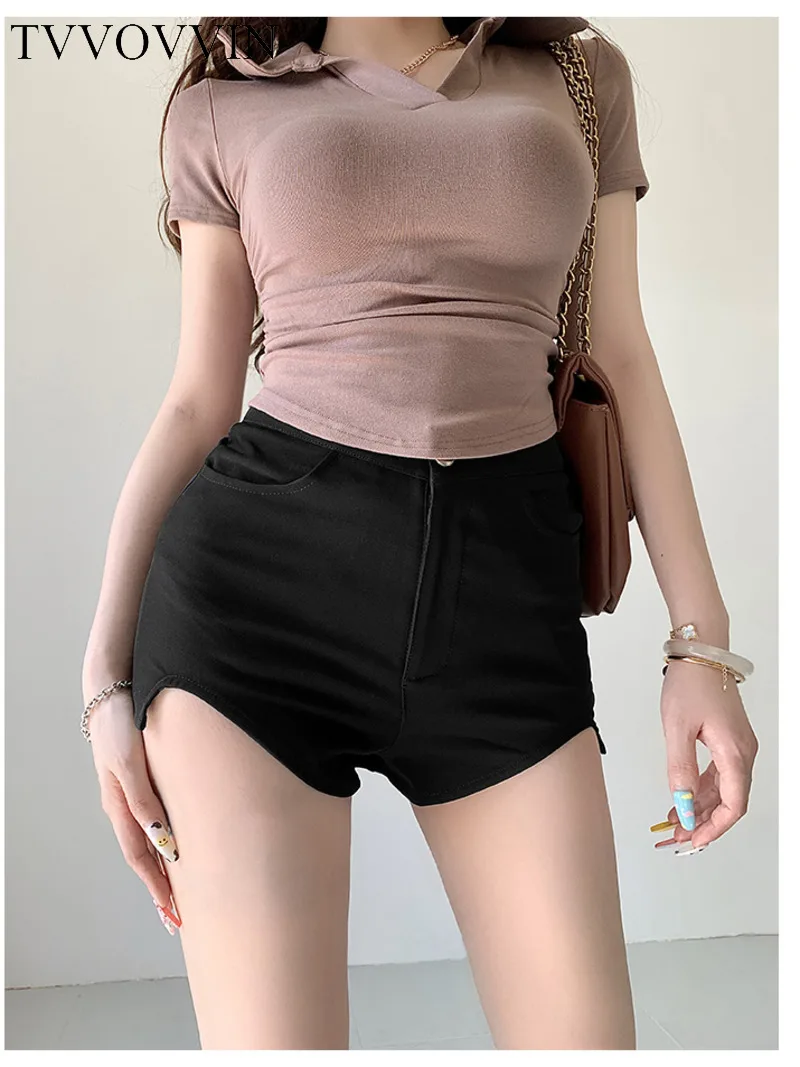 

TVVOVVIN 2023 Summer New Women's High Street Sexy Spicy Girls High Waist Fashion Tight A-line Elastic Solid Color Shorts R0G5