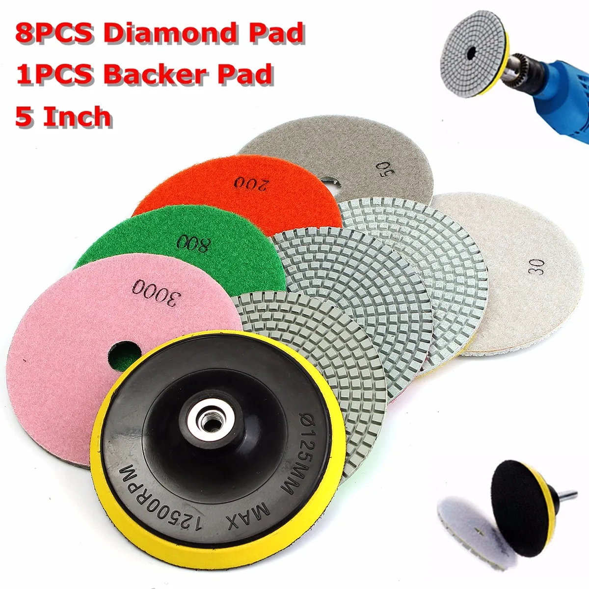

9pcs/set 5 Inch Diamond Polishing Pad Set Wet Dry for Granite Concrete Marble Stone Tiles Diamond Polishing Pad Backer Pad