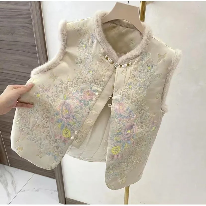 Autumn Winter Thicken Cotton Chinese Style Top Women Warm Qipao Vest Embroider Flower Sleeveless Jacket Hanfu Coat Costume