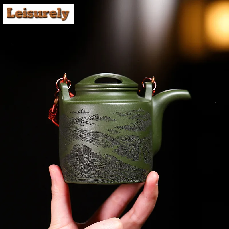 300ml Traditional Yixing Purple Clay Teapots Handmade Lifting Handle Pot Raw Ore Green Mud Tea Making Kettle Zisha Tea Set Tea