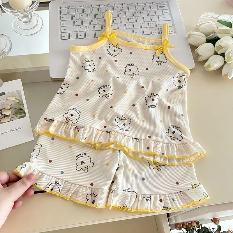 Neue Sommer Kinder Homewear Set 1-7T Süße Floral Mädchen Leibchen + Shorts Cartoon Bär Kinder Haushalts Kleidung – Detail 8