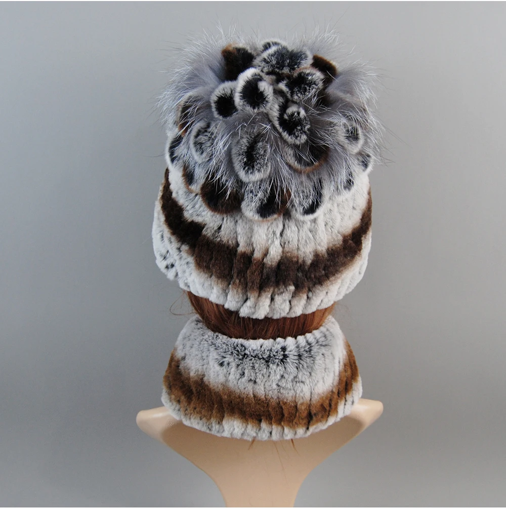 Real Rex Rabbit Fur Hat And Scarf Set Women Winter Knitted Beanie Hat Natural Fur Skullies Beanies Woman Hat Female Cap Elastic