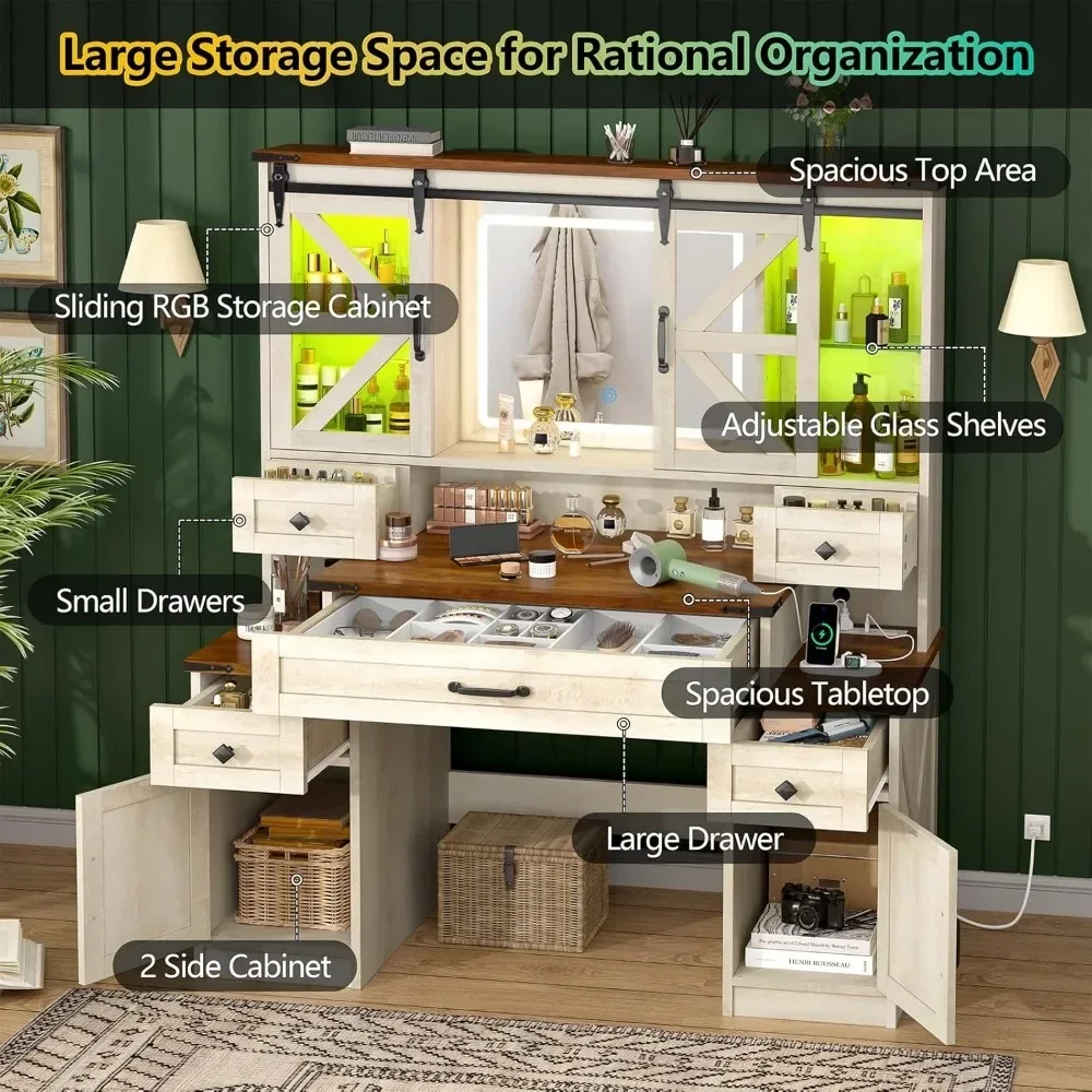 Farmhouse Vanity Desk with Mirror and Lights, Charging Station&Storage Drawers & Sliding RGB Cabinets, 45.9" Makeup Vanity Table 4