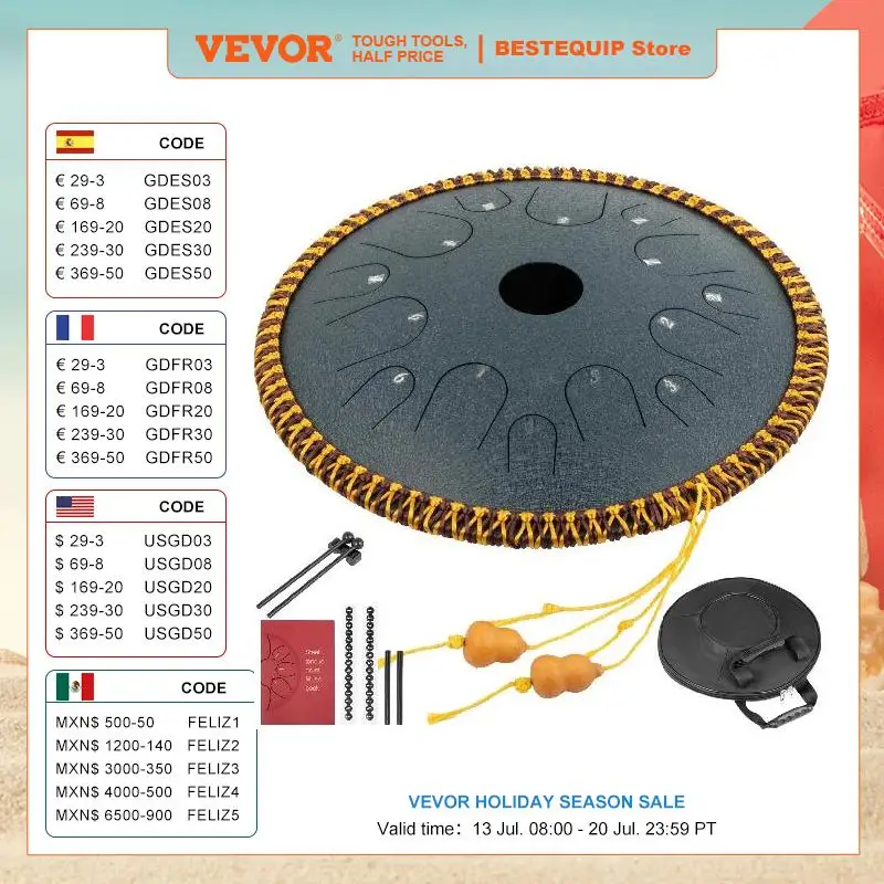 

VEVOR 14 Inch 14-Tone Steel Tongue Drum In C Minor 36cm Hand Pan Drum Tank With Travel Bag Percussion Instruments Hand Pan Drum