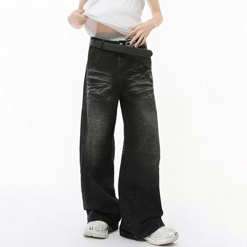IEFB High Street Men's Jeans Casual Washed Whiskers Solid Color Loose Trendy Straight Wide Leg Male Denim Pants Autumn 9C7862 4