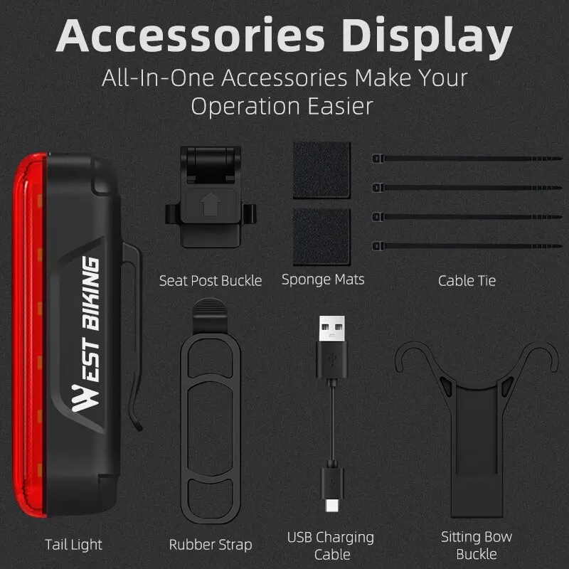 WEST BIKING Laser Bicycle Rear Light Brake Sensor Smart Safety Warning Taillights USB Charging LED High Visibility Helmet Lamp