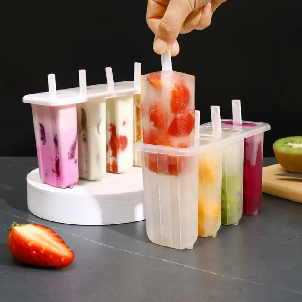 Ice Cream Popsicle Mold 4-Cell DIY Handmade Ice Cream Mold With Lid Summer Children Ice-lolly Tray Kitchen Gadgets ice mold,ice cream molds