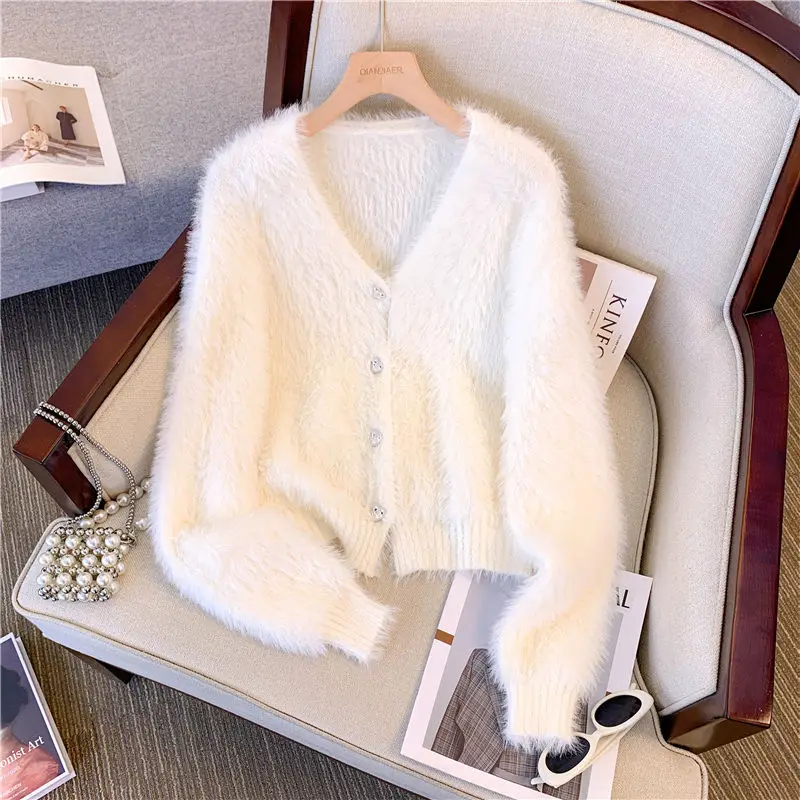 

Women Sweater Elegant loose solid color Vneck tassel cardigan fashion warm sweater 2023 Winter short office ladies cardiganMujer